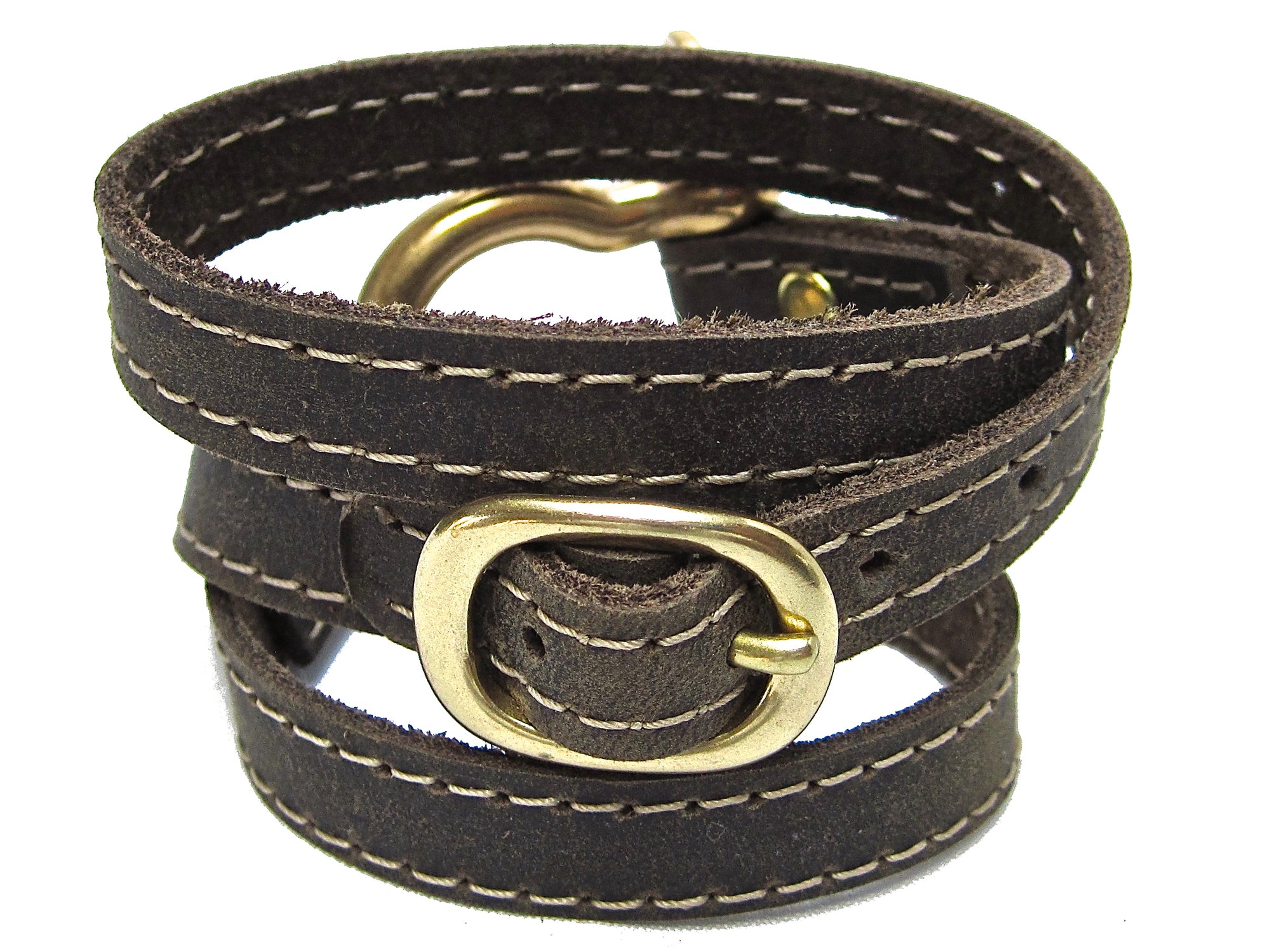 Nyet jewelry Signature Gold Shackle Wraparound Bracelet Distressed Utility Leather BY NYET JEWELRY